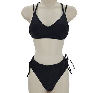 Cupshe Womans size M Strappy Criss Cross Back Double Strap Bikini Set Black NEW